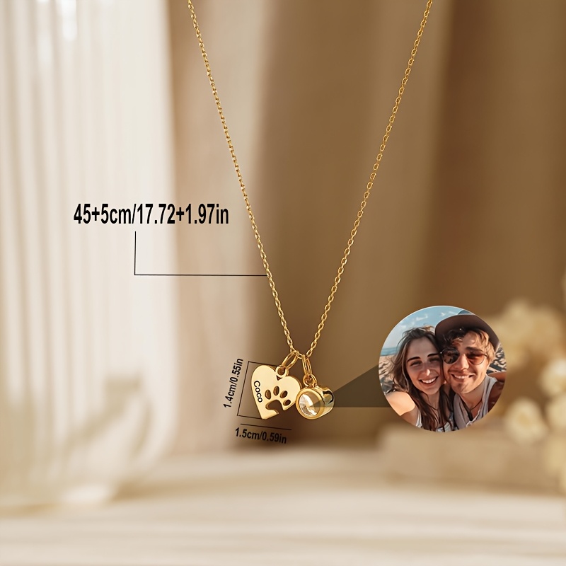 Custom Stainless Steel Heart Shaped Paw Name Projection Necklace